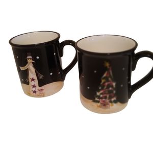 Becca Barton 2 Christmas Mugs Christmas Tree Snowman Black and White